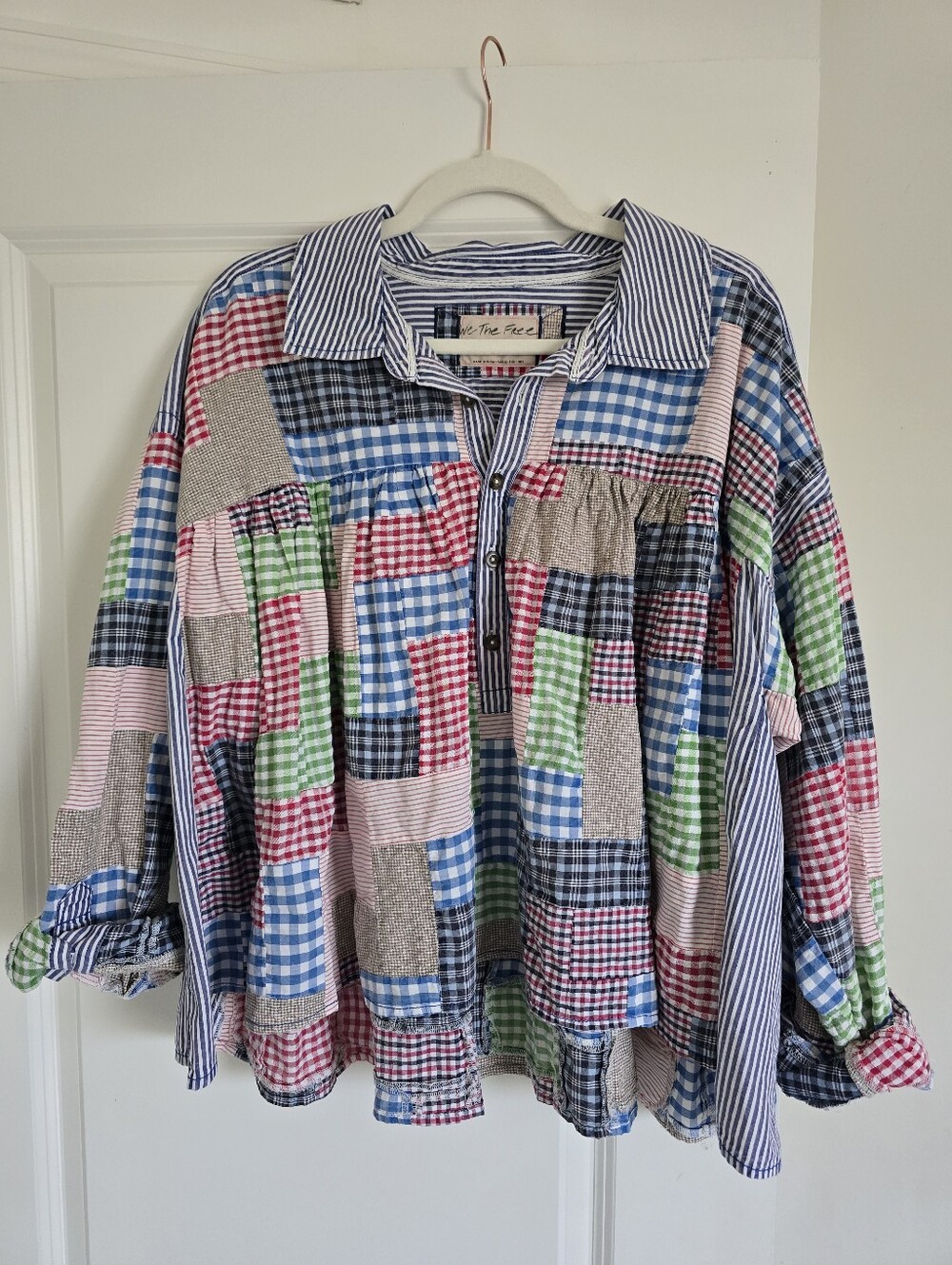 We The Free Patchwork Gingham Plaid Boho Button Front Blouse - Picture 1 of 10